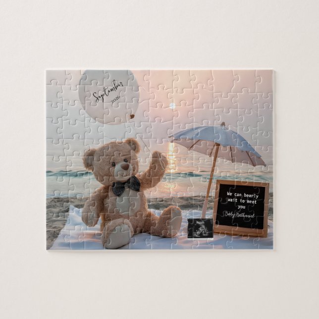 Neutral Beachside Expecting Baby Announcement  Puzzle (Horizontal)