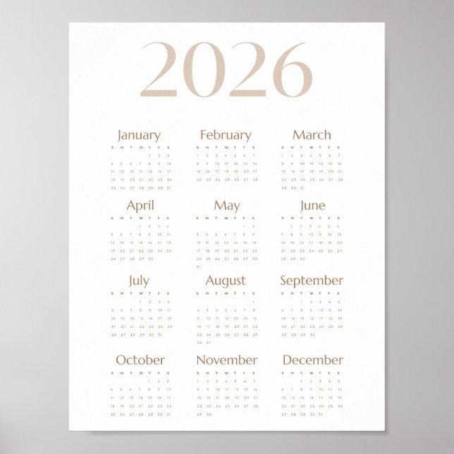 Neutral Beige 2026 Kalender Minimalist Einseitig Poster (Vorne)
