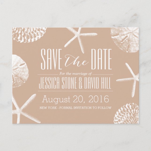 Neutral Beige Beach Theme Seashells Save the Date Ankündigungspostkarte (Vorderseite)
