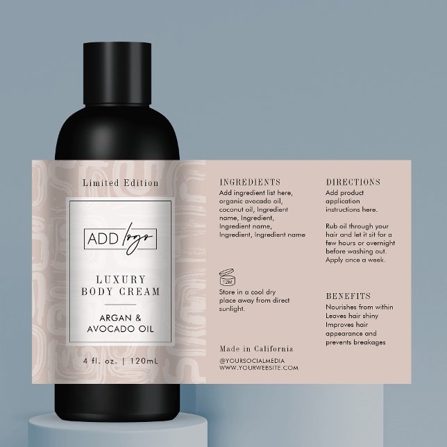 Neutral Beige Bohemian Logo 4OZ Cosmetic Bottle Rechteckiger Aufkleber (Modern boho style cosmo bottle wraparound label template)