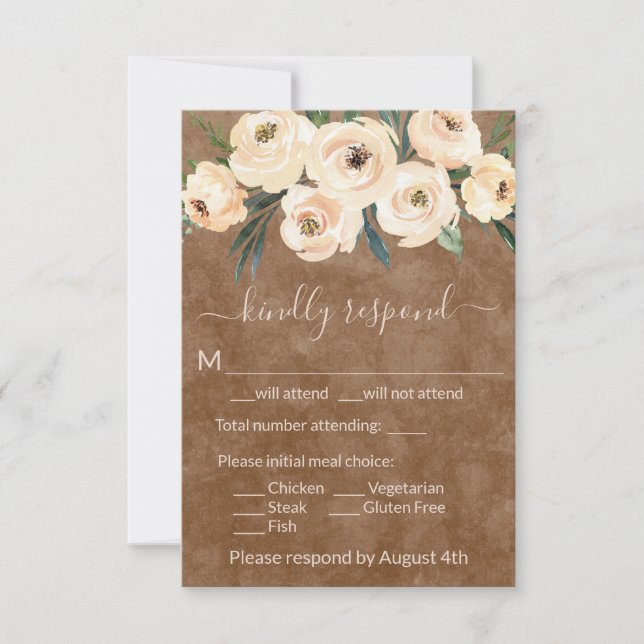 Neutral Beige Floral Boho Brown RSVP Karte (Vorderseite)