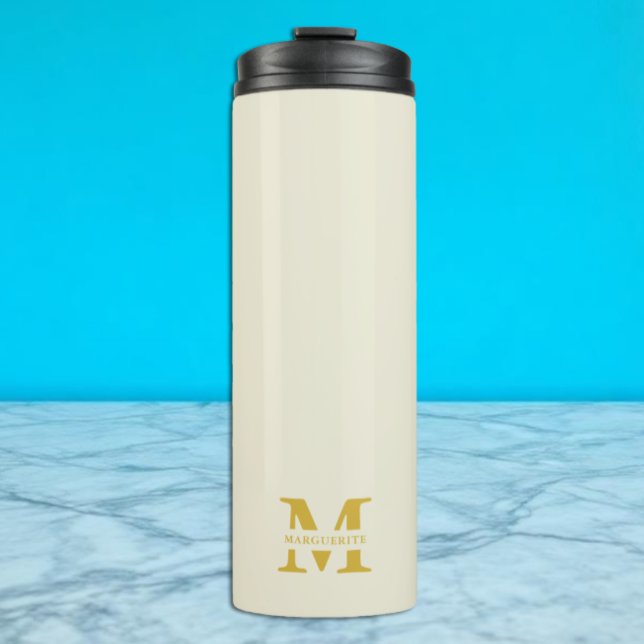 Neutral Beige Gold Monogram Thermosbecher (Von Creator hochgeladen)