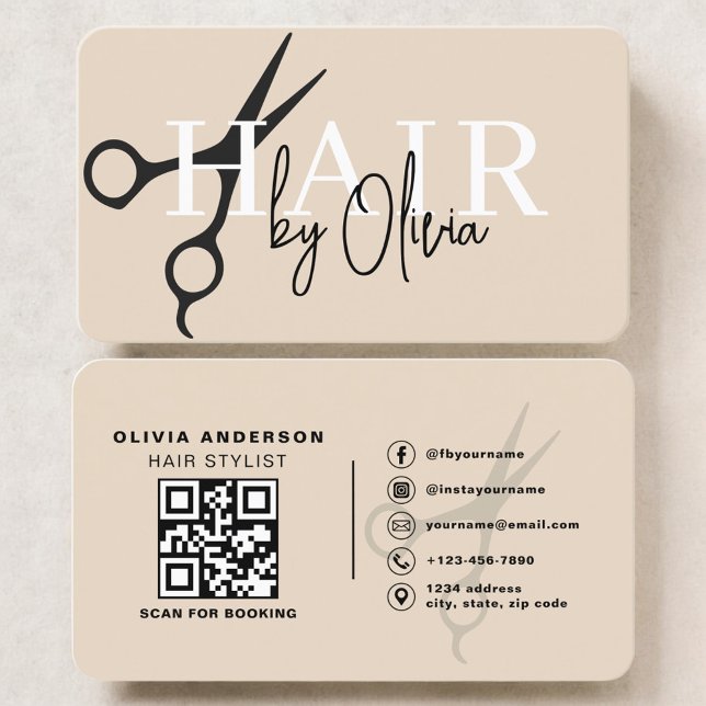 Neutral Beige Hair Stylist Scissors QR Code Visitenkarte (Von Creator hochgeladen)