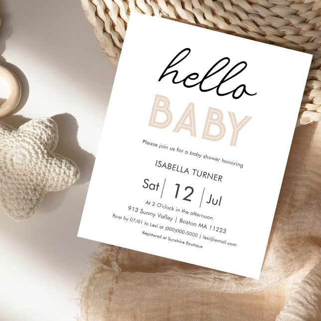 Neutral Beige Hello Baby | Einladung der Babydusch (Von Creator hochgeladen)
