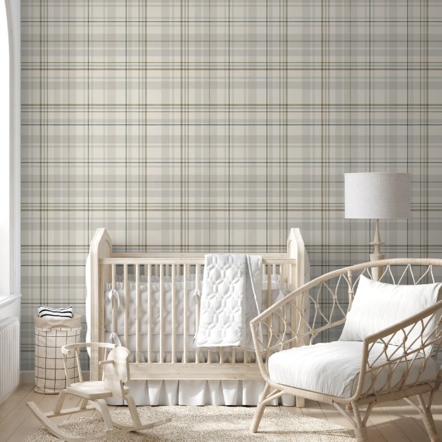 Neutral Beige Kariert-Modernes Bauernhaus Tartan A Tapete (Kinder)