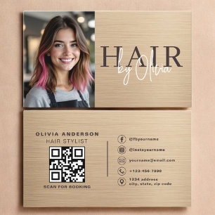 Neutral Beige Metallic Haarstylist Foto QR Code Visitenkarte