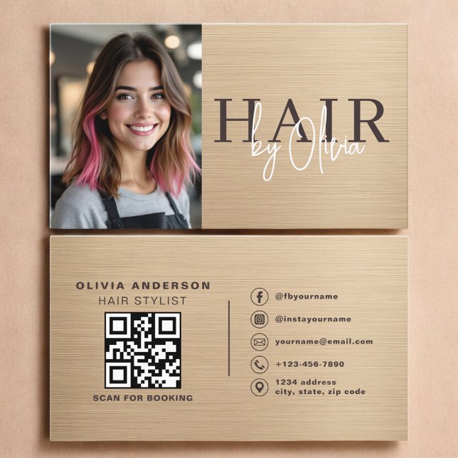 Neutral Beige Metallic Haarstylist Foto QR Code  Visitenkarte (Von Creator hochgeladen)