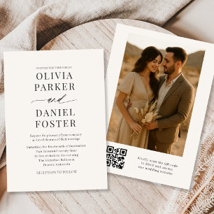 Neutral Beige QR Code Foto Hochzeit Einladung