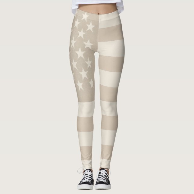 Neutral Beige, Tan, & White American Flag Earthy  Leggings (Vorderseite)