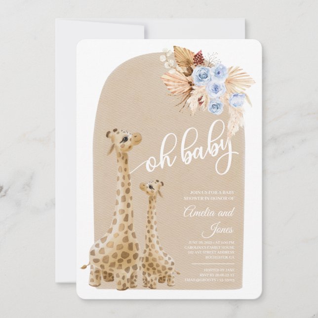 Neutral Blue Pampas Grass Giraffe Babydusche Einladung (Vorderseite)