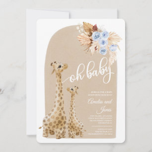 Neutral Blue Pampas Grass Giraffe Babydusche Einladung