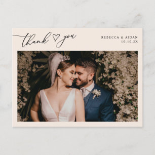 Neutral Blush Script Heart Wedding Foto Vielen Dan Postkarte