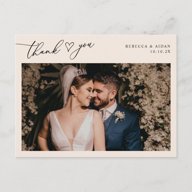 Neutral Blush Script Heart Wedding Foto Vielen Dan Postkarte (Vorderseite)