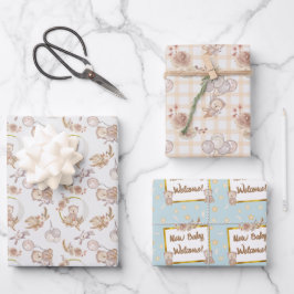 Neutral Boho Bear Moon Babydusche Geschenkpapier Set