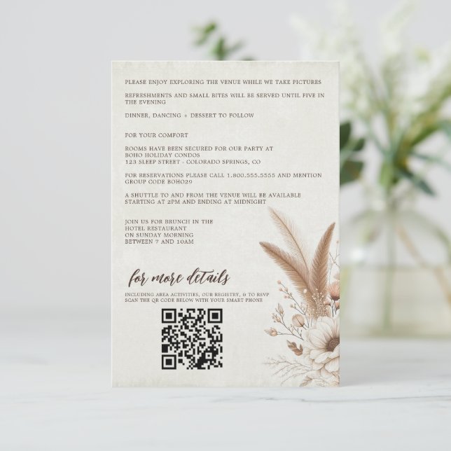 Neutral Boho Floral mit QR Code & Details Hochzeit Begleitkarte (Stehend Vorderseite)