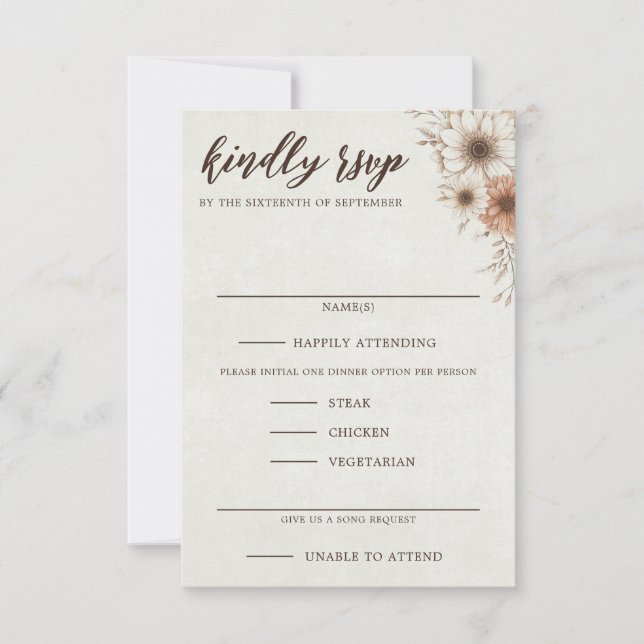 Neutral Boho Floral Wedding RSVP Karte (Vorderseite)
