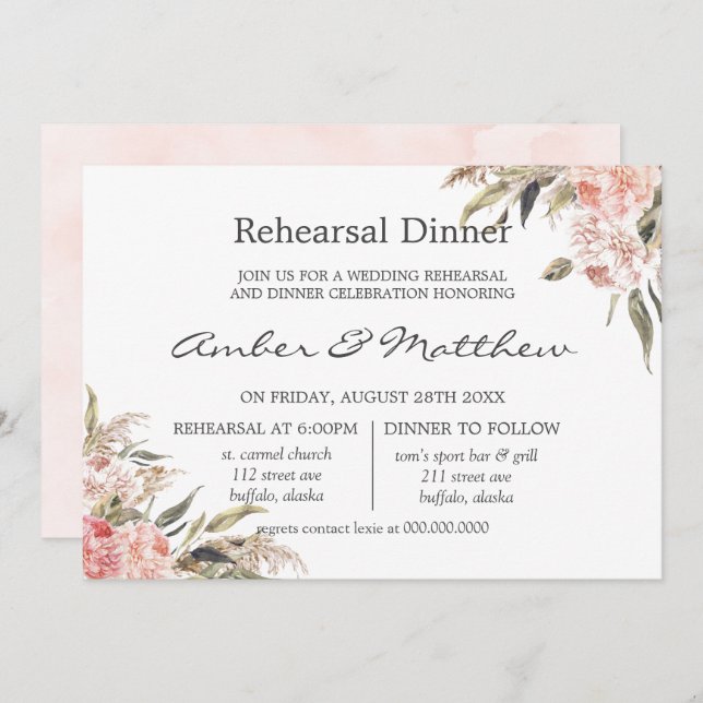 Neutral Boho Pink Peony Pampas Probe Dinner Einladung (Vorne/Hinten)