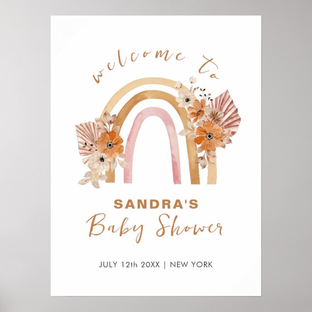 Neutral Boho Rainbow Floral Baby Dusche Willkommen Poster (Vorne)