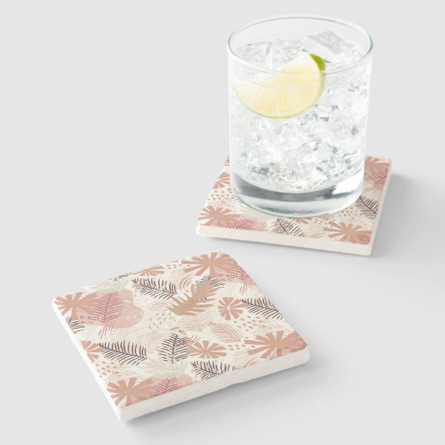 Neutral Boho Tropical Foliage Steinuntersetzer (Seitenansicht)