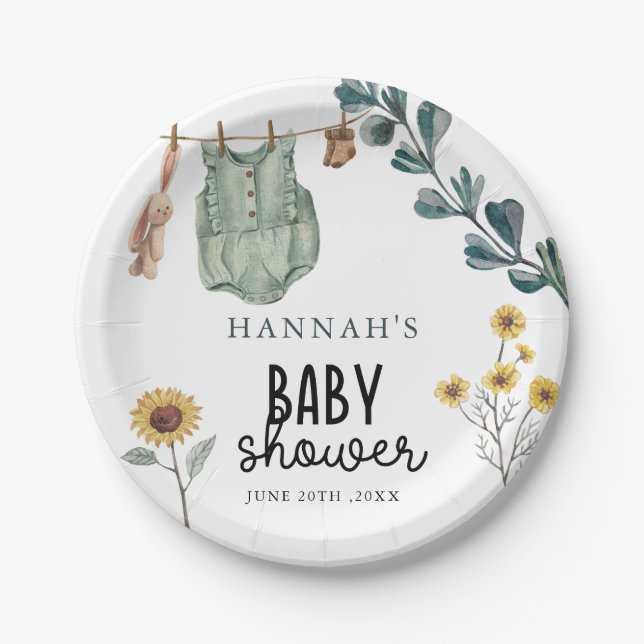 Neutral Boho | Wasserfarben-Babydusche Pappteller (Vorderseite)