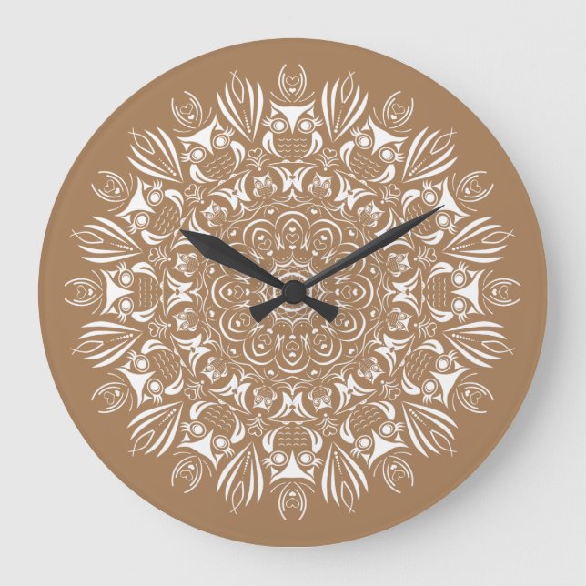 Neutral Brown and White Owl Mandala Große Wanduhr (Vorderseite)
