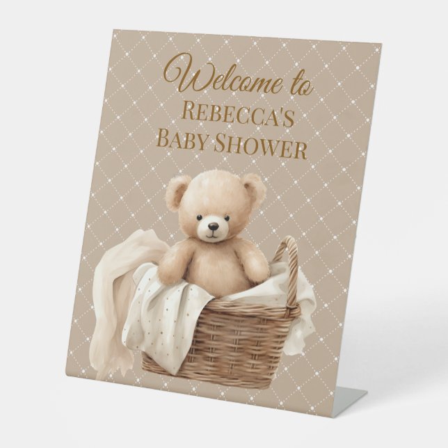 Neutral Brown Teddy Bear Baby Shower  Sockelschild (Vorderseite)