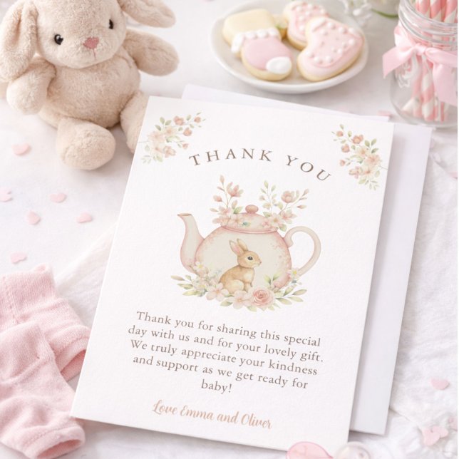 Neutral Bunny & Floral Teapot Baby Shower  Dankeskarte (Von Creator hochgeladen)