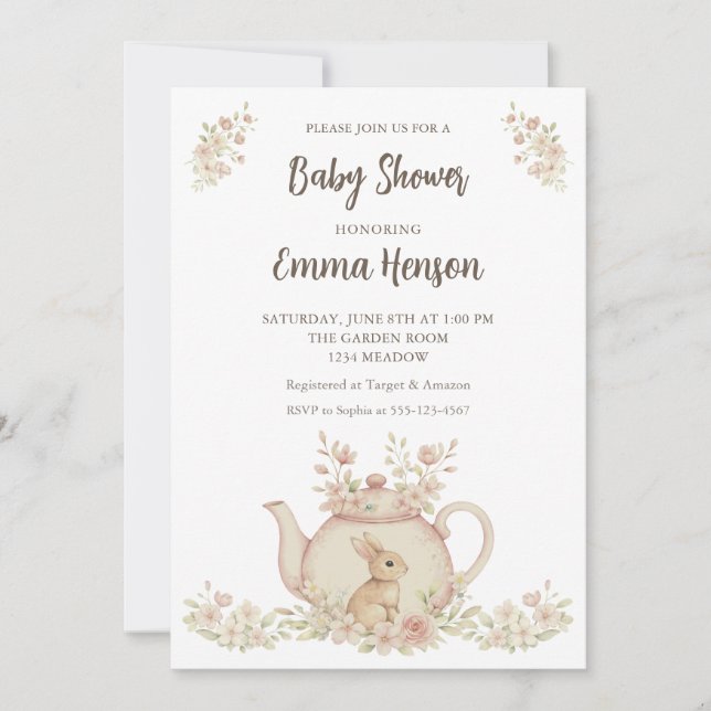 Neutral Bunny & Floral Teapot Baby Shower  Einladung (Vorderseite)