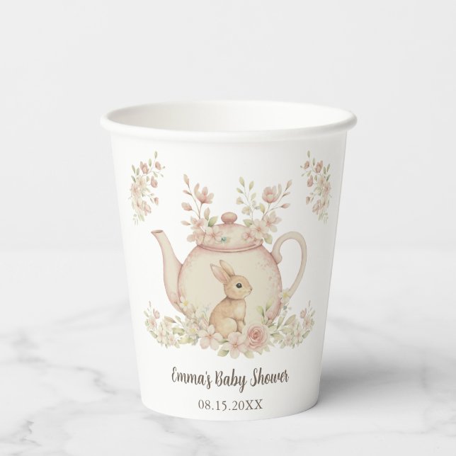Neutral Bunny & Floral Teapot Baby Shower  Pappbecher (Rückseite)