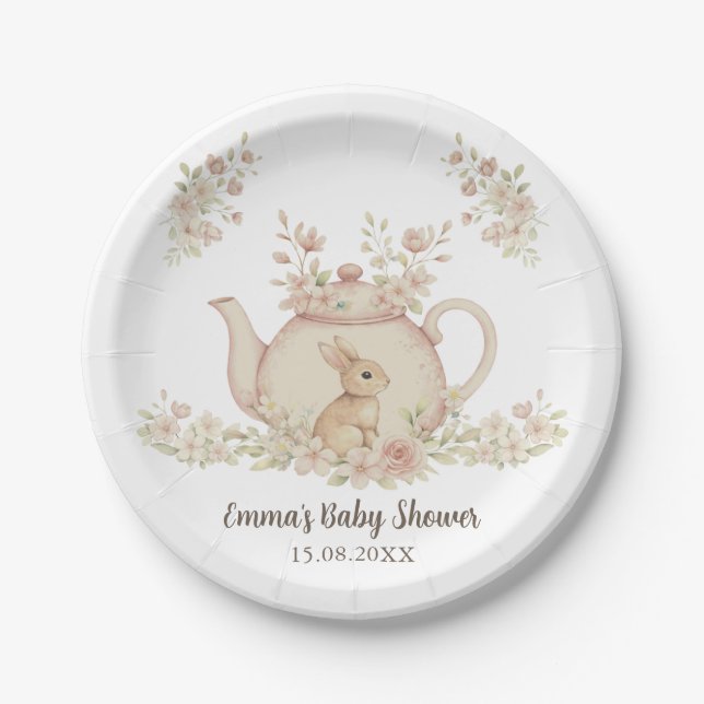 Neutral Bunny & Floral Teapot Baby Shower  Pappteller (Vorderseite)