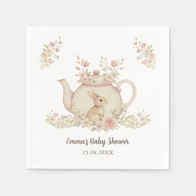 Neutral Bunny & Floral Teapot Baby Shower  Serviette (Vorderseite)