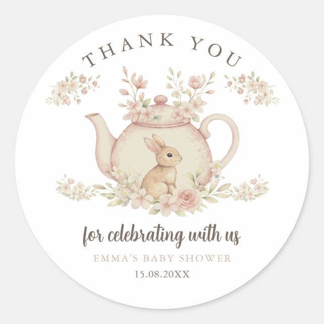 Neutral Bunny Tea Party Baby Shower Thank You  Runder Aufkleber (Vorderseite)