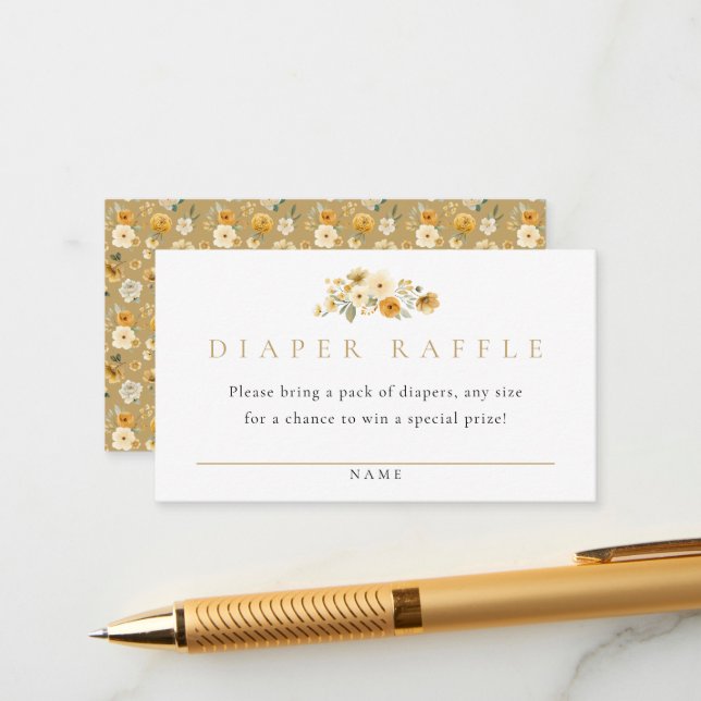 Neutral Diaper Raffle Card | Ivory & Golden Floral Begleitkarte (Vorderseite/Rückseite Beispiel)