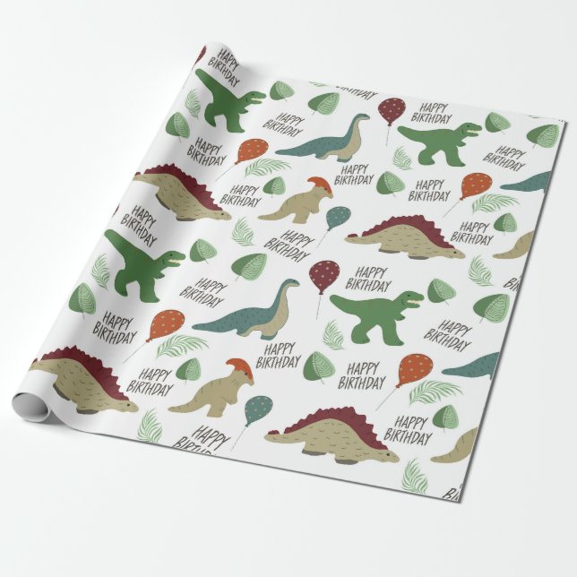 Neutral Dinosaur Geburtstagswrapping Paper Geschenkpapier (Ungerollt)
