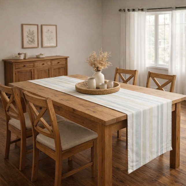 Neutral Dusty Blue Striped | Rustic Farmhouse Großer Tischläufer (Von Creator hochgeladen)