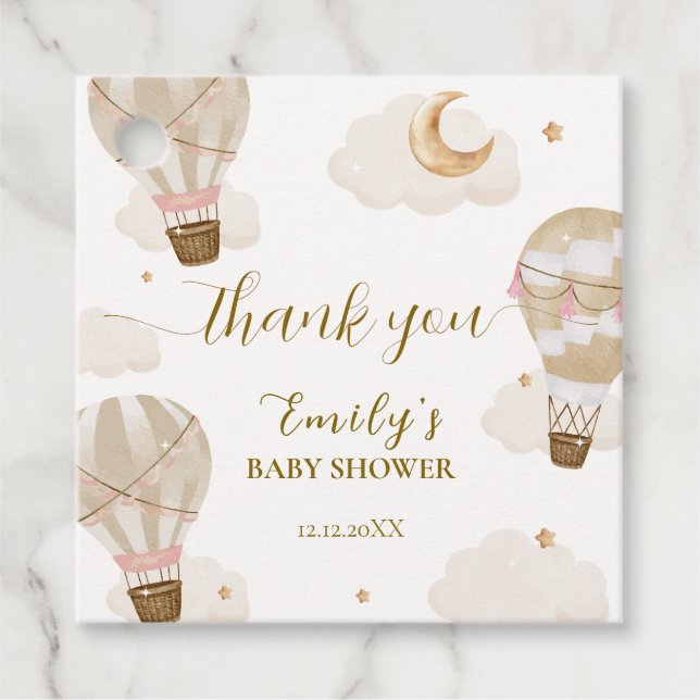 Neutral Elegant Boho Hot Air Ballon Babydusche Geschenkanhänger (Vorderseite)