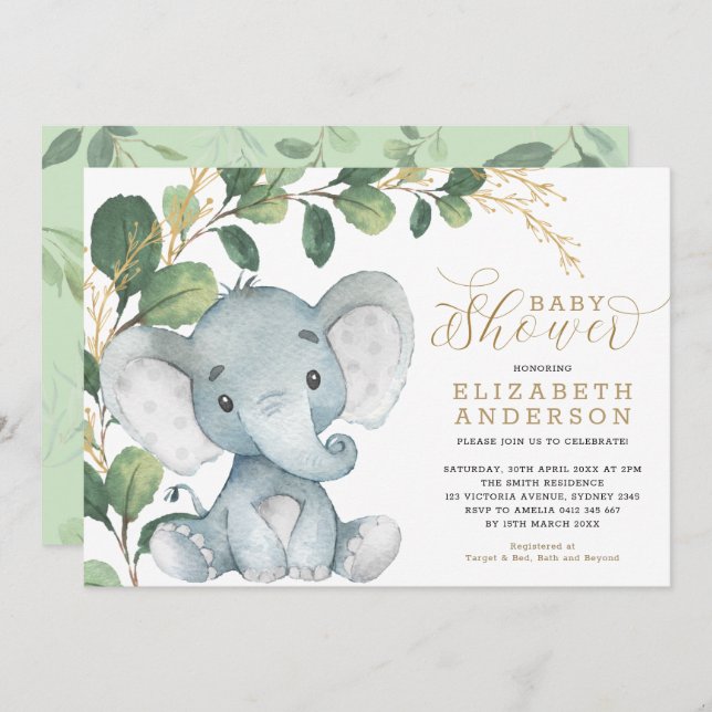 Neutral Elephant Soft Greenerity Gold Baby Dusche Einladung (Vorne/Hinten)