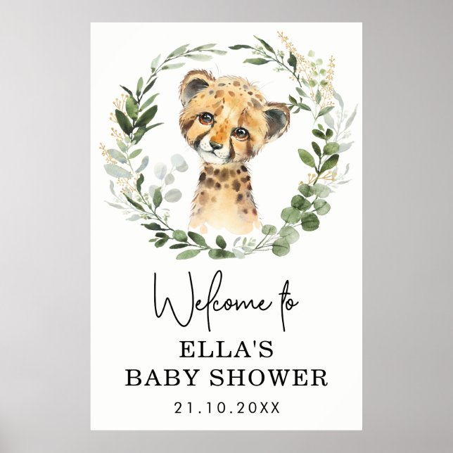Neutral Eukalyptus Greenery Leopard Baby Shower Poster (Vorne)