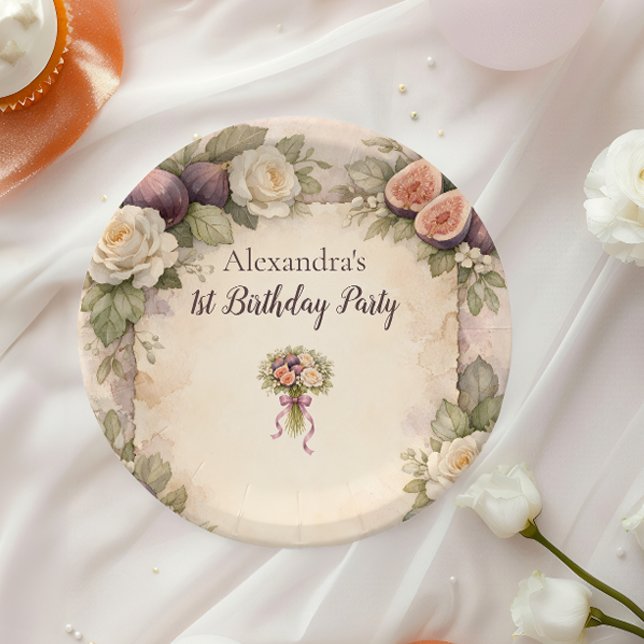 Neutral Fig Floral 1st Birthday Pappteller (Von Creator hochgeladen)