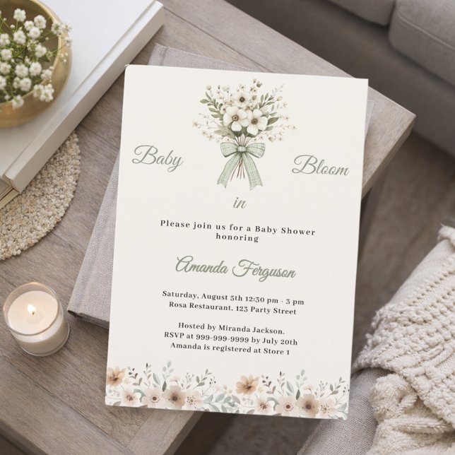 Neutral florals green ivory bloom Baby Shower Einladung (Von Creator hochgeladen)