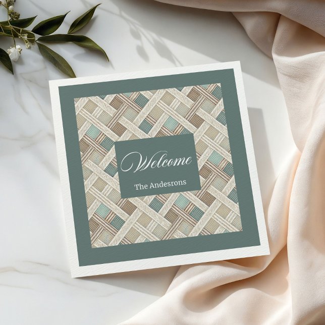 Neutral Geometric Green Napkins Custom Name Chic Serviette (Neutral Geometric Green Napkins Custom Name Chic)