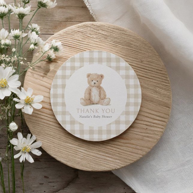 Neutral Gingham Teddy Bear Baby Shower Runder Aufkleber (Von Creator hochgeladen)