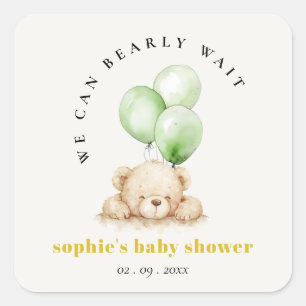 Neutral Green Bearly Wait Balloon Baby Shower Quadratischer Aufkleber