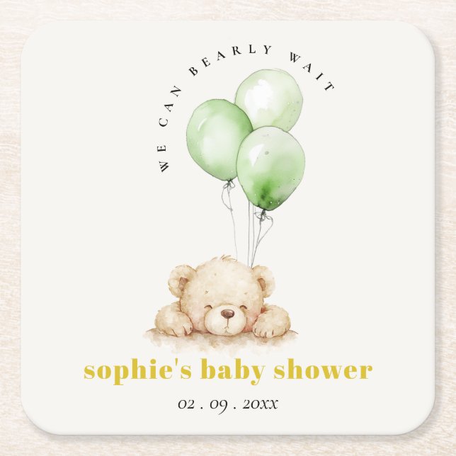 Neutral Green Bearly Wait Balloon Baby Shower Rechteckiger Pappuntersetzer (Vorderseite)