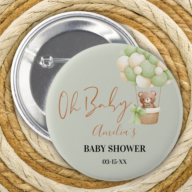 Neutral Green Teddy Bear Oh Baby Balloon Button (Von Creator hochgeladen)