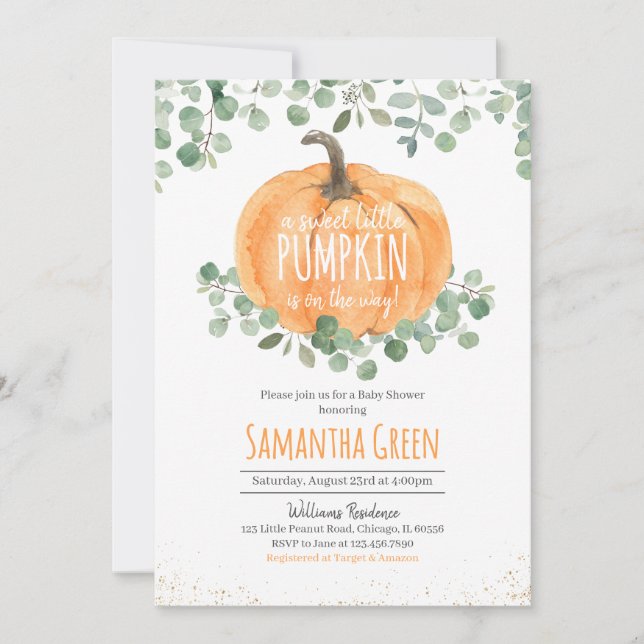 Neutral Greenery Orange Pumpkin Baby Shower Einladung (Vorderseite)