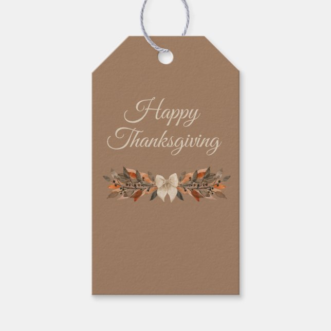 Neutral “Happy Thanksgiving” Gift Tag with Leaves Geschenkanhänger (Vorderseite)