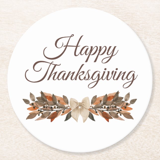 Neutral “Happy Thanksgiving” Paper Coaster Runder Pappuntersetzer (Vorderseite)