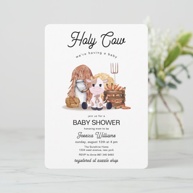 Neutral Holy Cow Farm Animals Baby Shower  Einladung (Stehend Vorderseite)