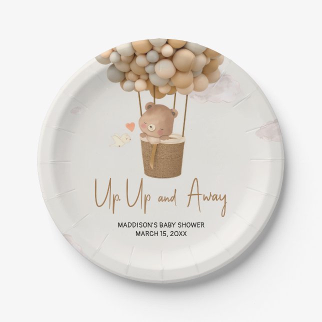 Neutral Hot Air Balloon Up and Away Baby Shower Pappteller (Vorderseite)